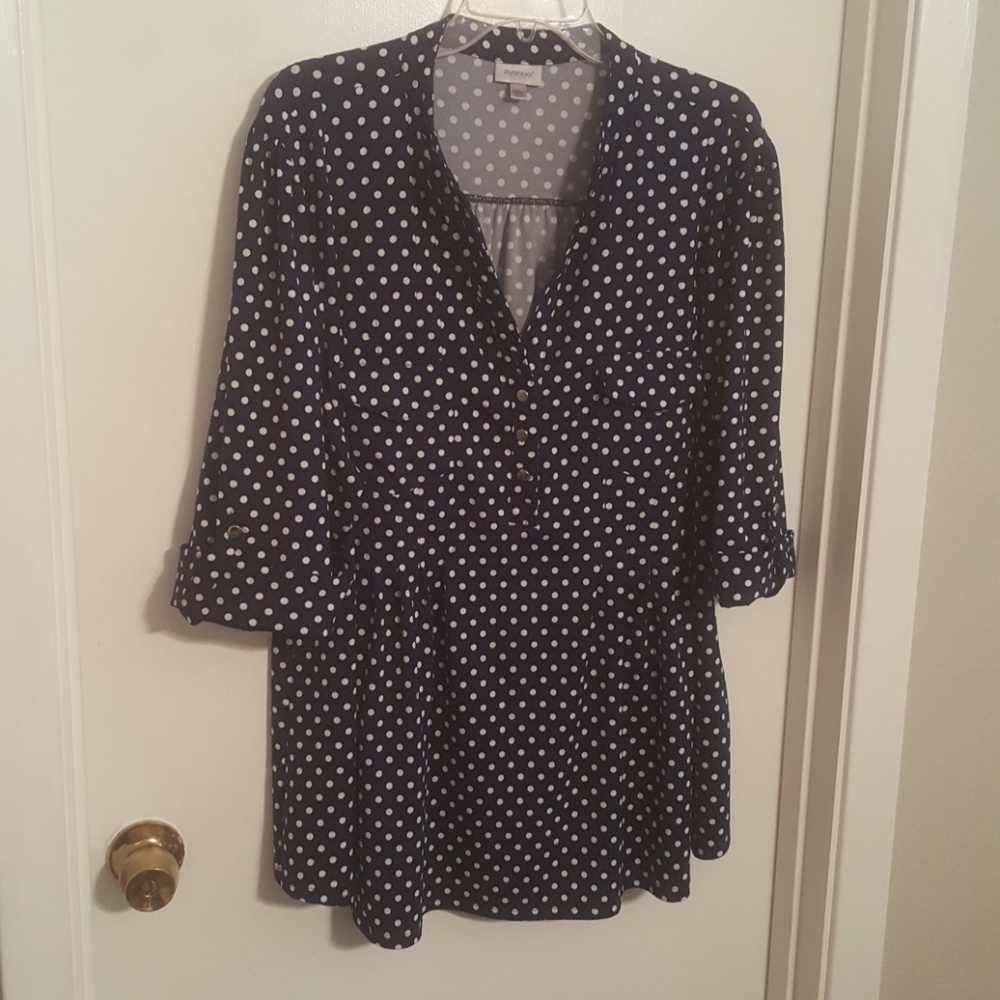Avenue Navy White Polka Dot 3/4 sleeve button tab