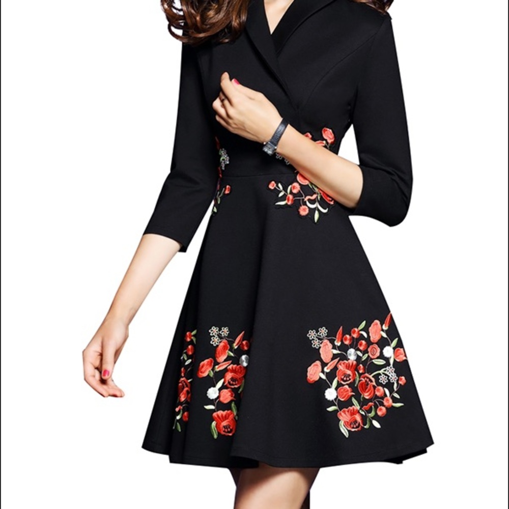 Black Embroidered Floral Cinched Waist Midi Dress
