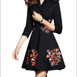Black Embroidered Floral Cinched Waist Midi Dress