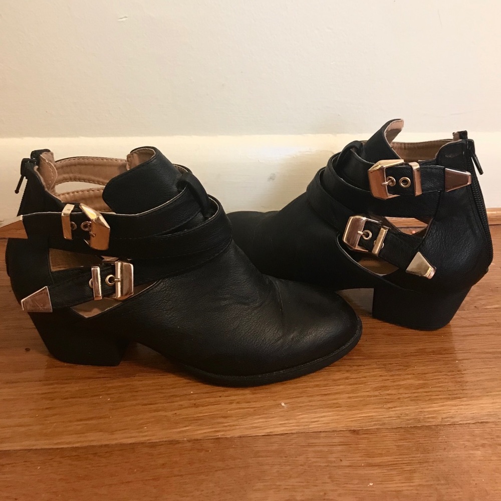 Black flat booties gold detail