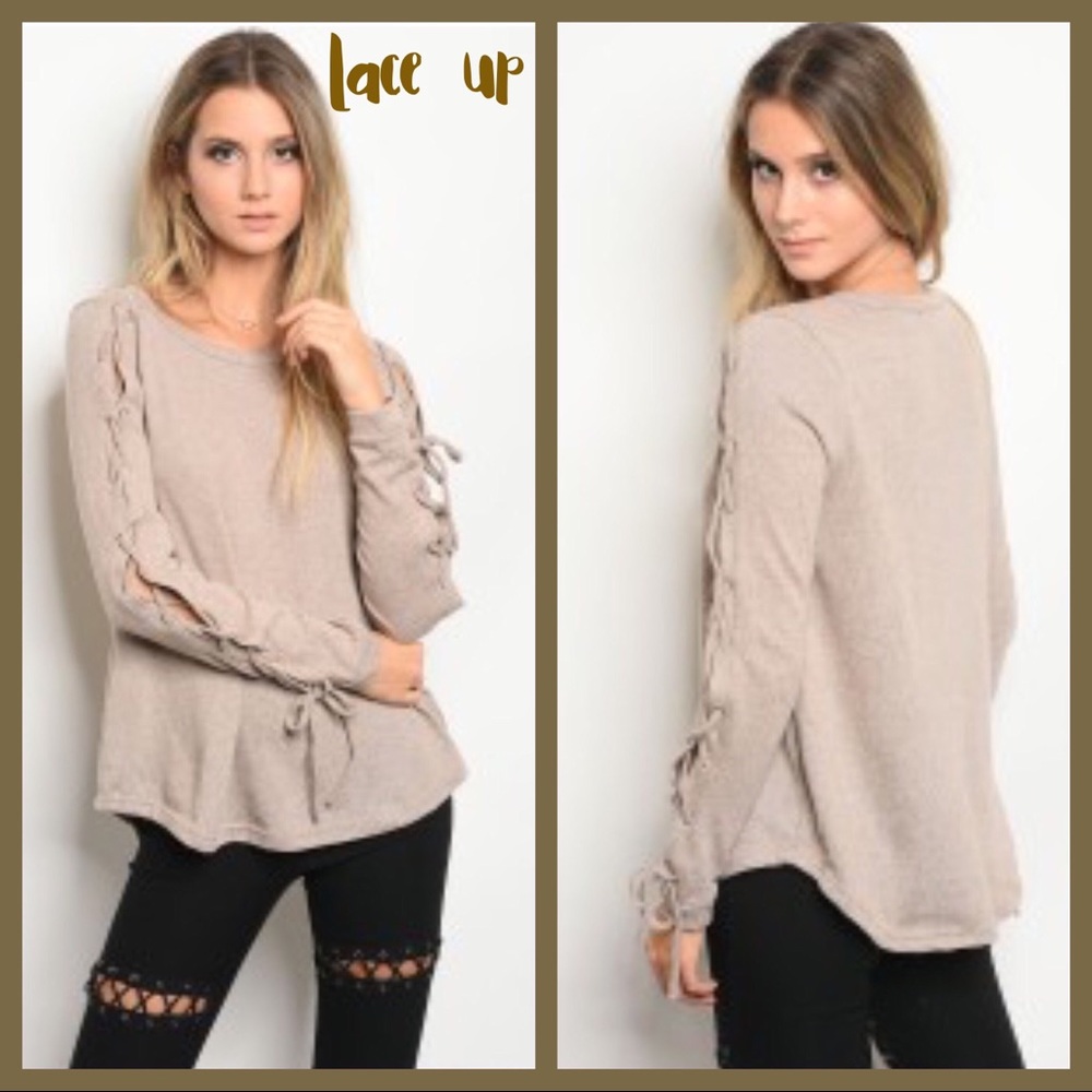 ✨LACE UP SLEEVE TAUPE TOP-NEW-S-M-L✨ - Picture 2 of 7