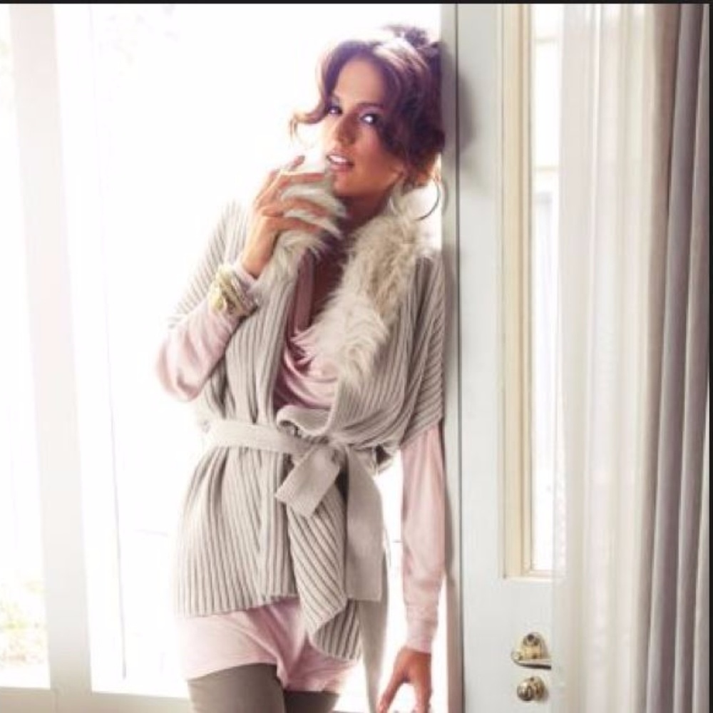 JLo Faux Fur Collar Tie Sweater