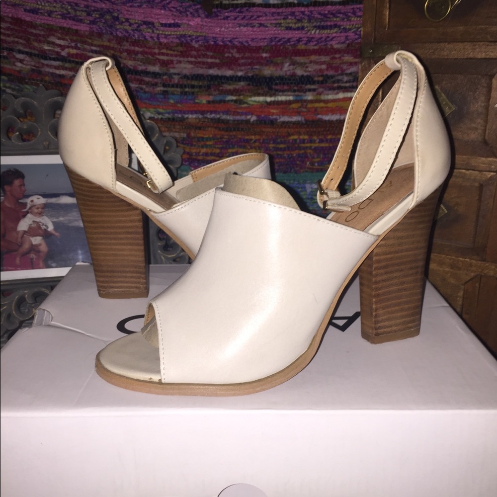 Cream Leather Heels Ankle Strap Peep Toe