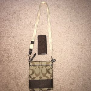 Brown and beige Coach crossbody with Coach wallet