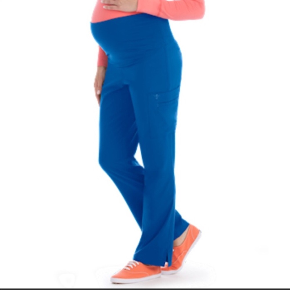 Blue maternity scrub pants.