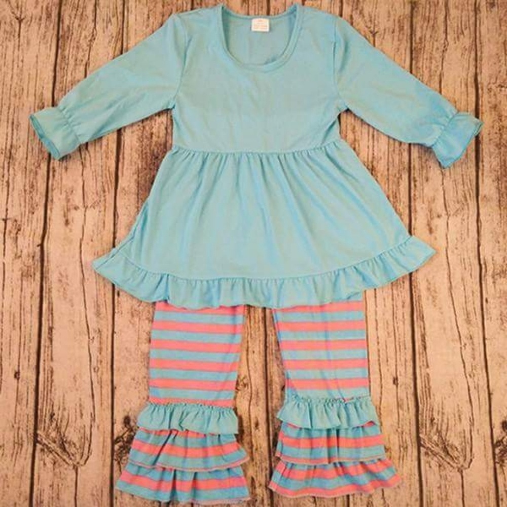 BLUE & PINK LACE RUFFLE COLORFUL PRINT TWO PIECES