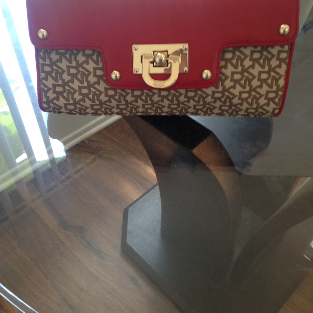 Red and Tan DKNY handbag