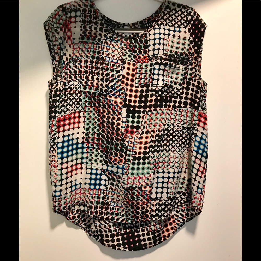 Colorful, Dot-Patterned, Silk Short-Sleeve Blouse