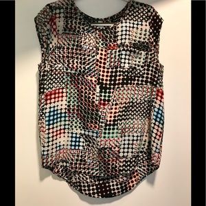 Colorful, Dot-Patterned, Silk Short-Sleeve Blouse