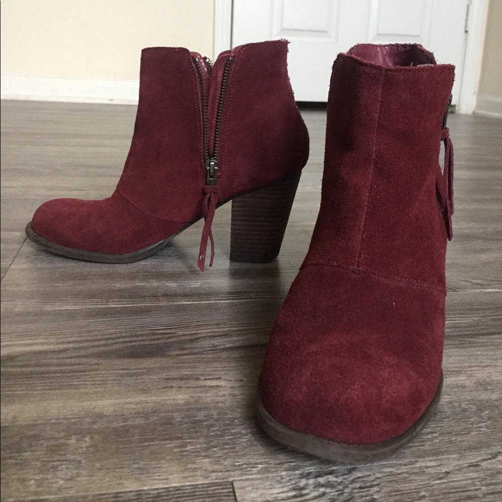 Burgundy faux suede heeled ankle booties size 8.5