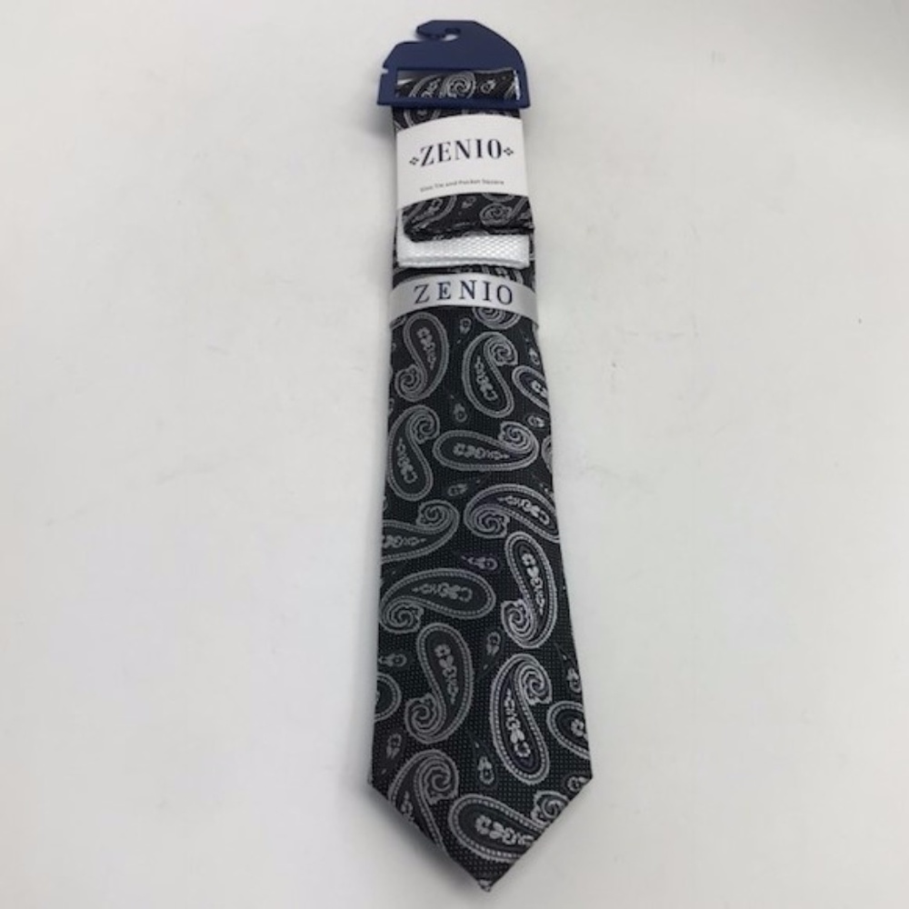 Zenio Slim Tie with Two Hankies Set Black Silver