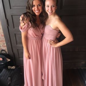 Long strapless bridesmaid dress.