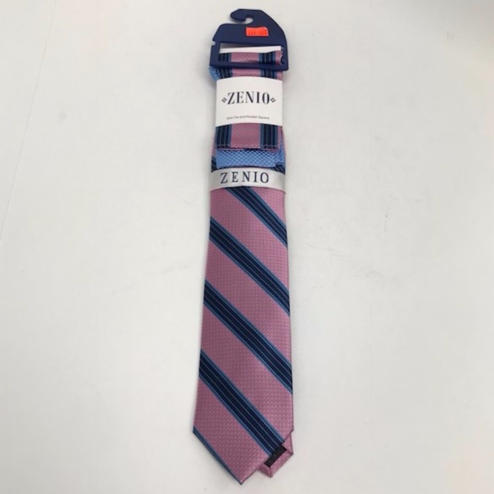 Zenio Slim Tie with Two Hankies Set Pink Blue Men