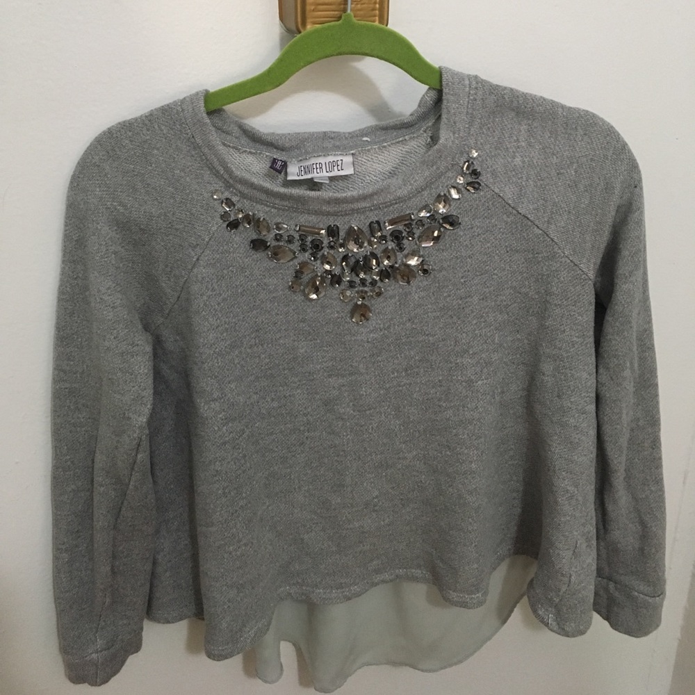 Jeweled cropped gray Jennifer Lopez sweatshirt
