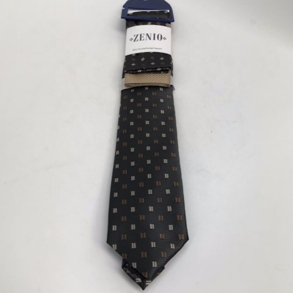 Zenio Slim Tie & Two Hankies Charcoal Brown Men's