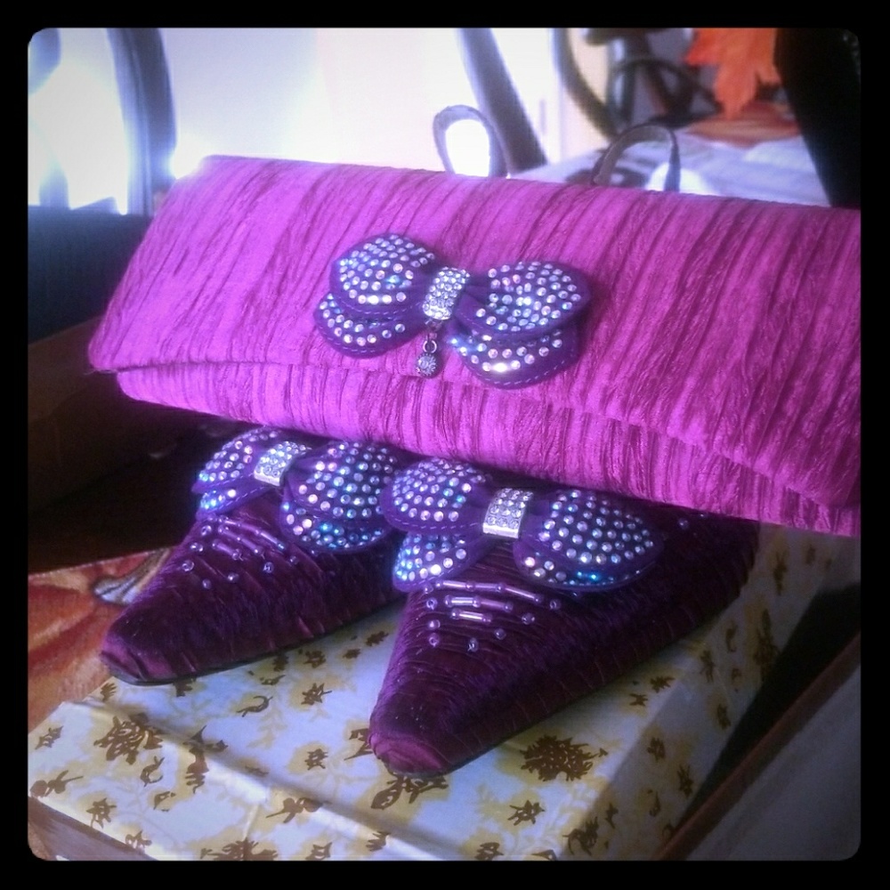 Purple sling back shoes with purple clutch