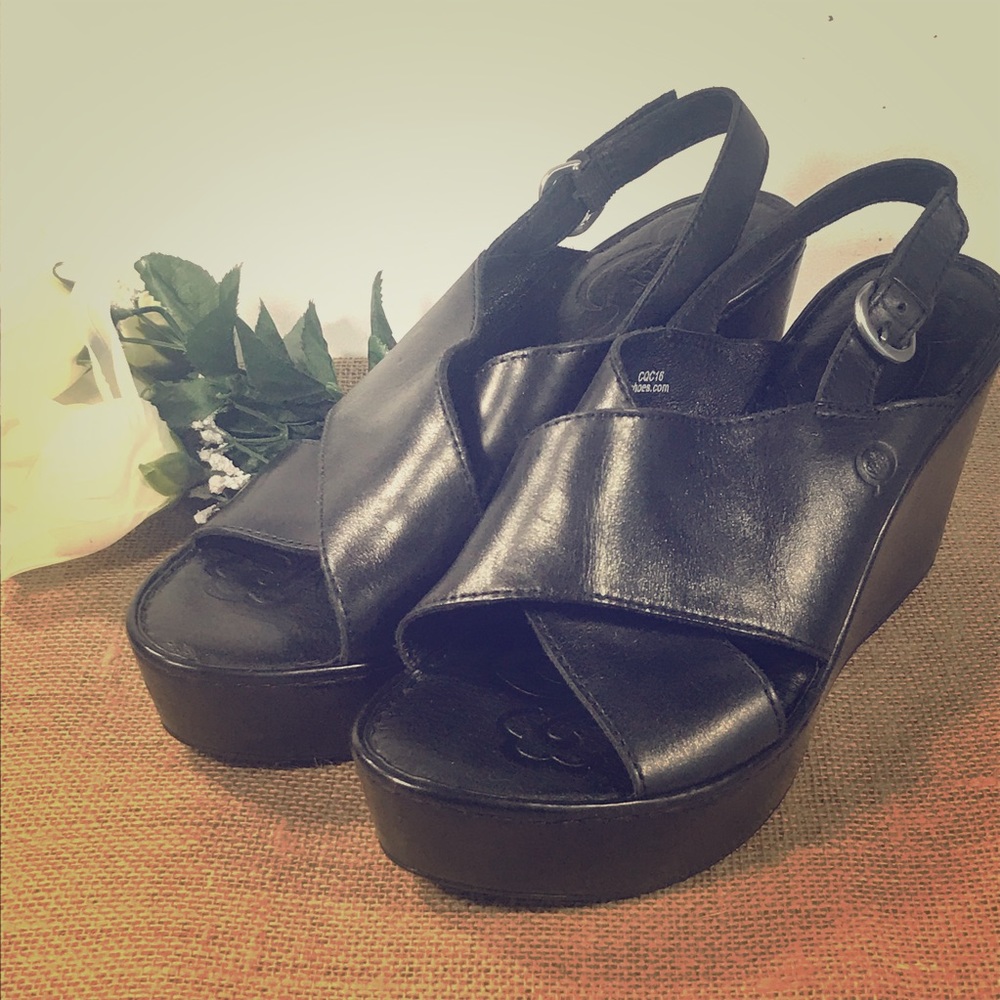 Womens 9 Black Wedge Platform Slip Ons by “Born”
