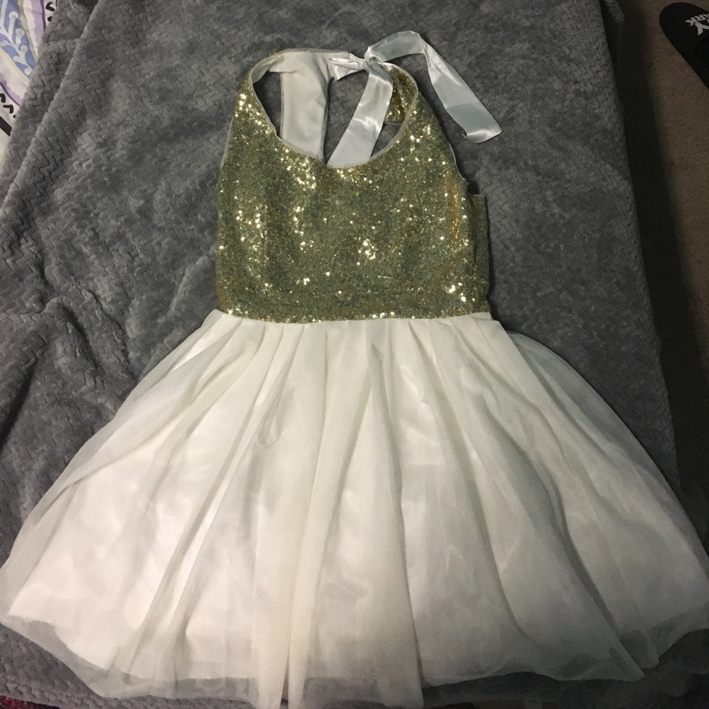 white and gold sequin dress