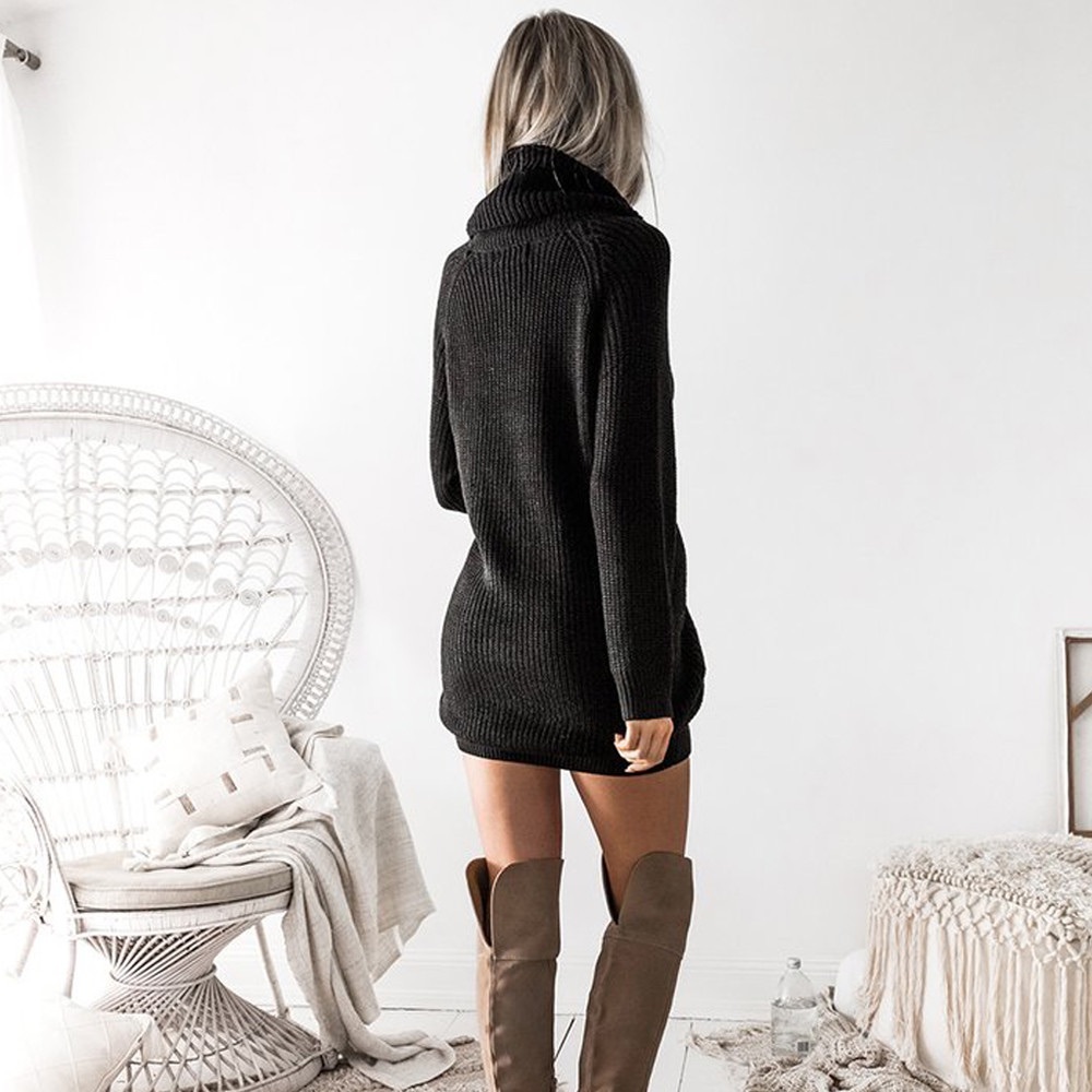 Cozy Cowl Neck Chunky Knit Sweater Dress Black - Picture 4 of 5