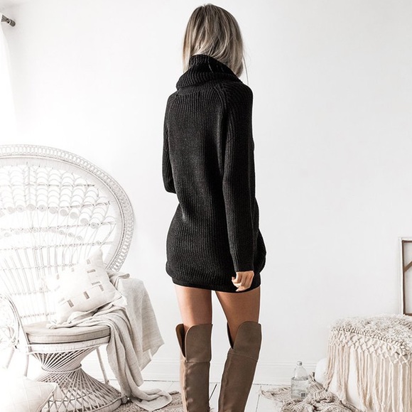 Cozy Cowl Neck Chunky Knit Sweater Dress Black - Picture 4 of 5