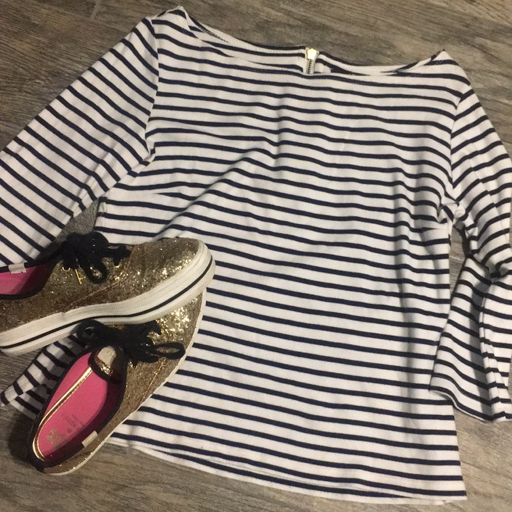 Navy striped shirt with gold zipper in back
