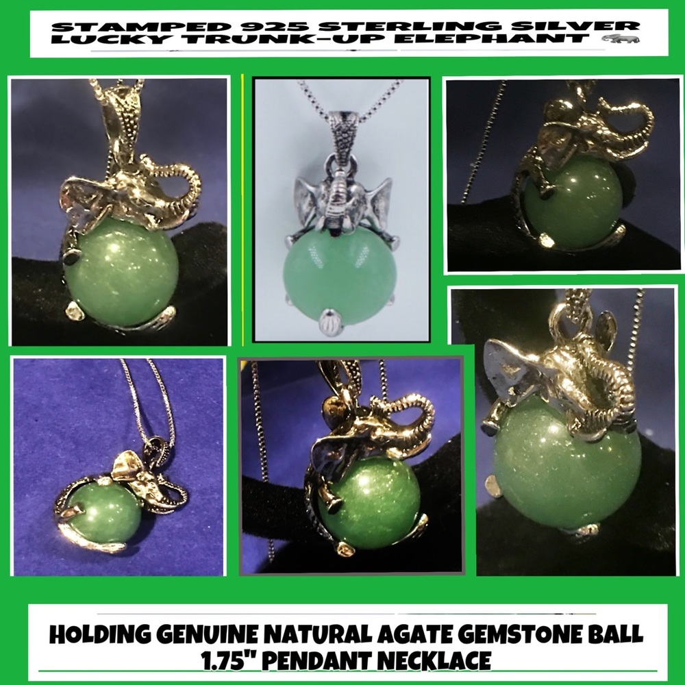 NWT 925SS ELEPHANT ON NATURAL GREEN AGATE BALL NLC