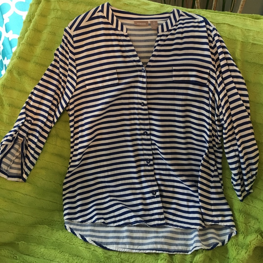 Chico's Royal Blue & White Striped Button Up Top