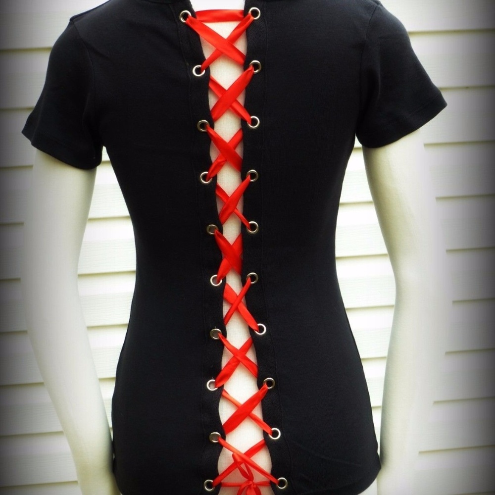 Black biker corset short sleeve ribbon top! New