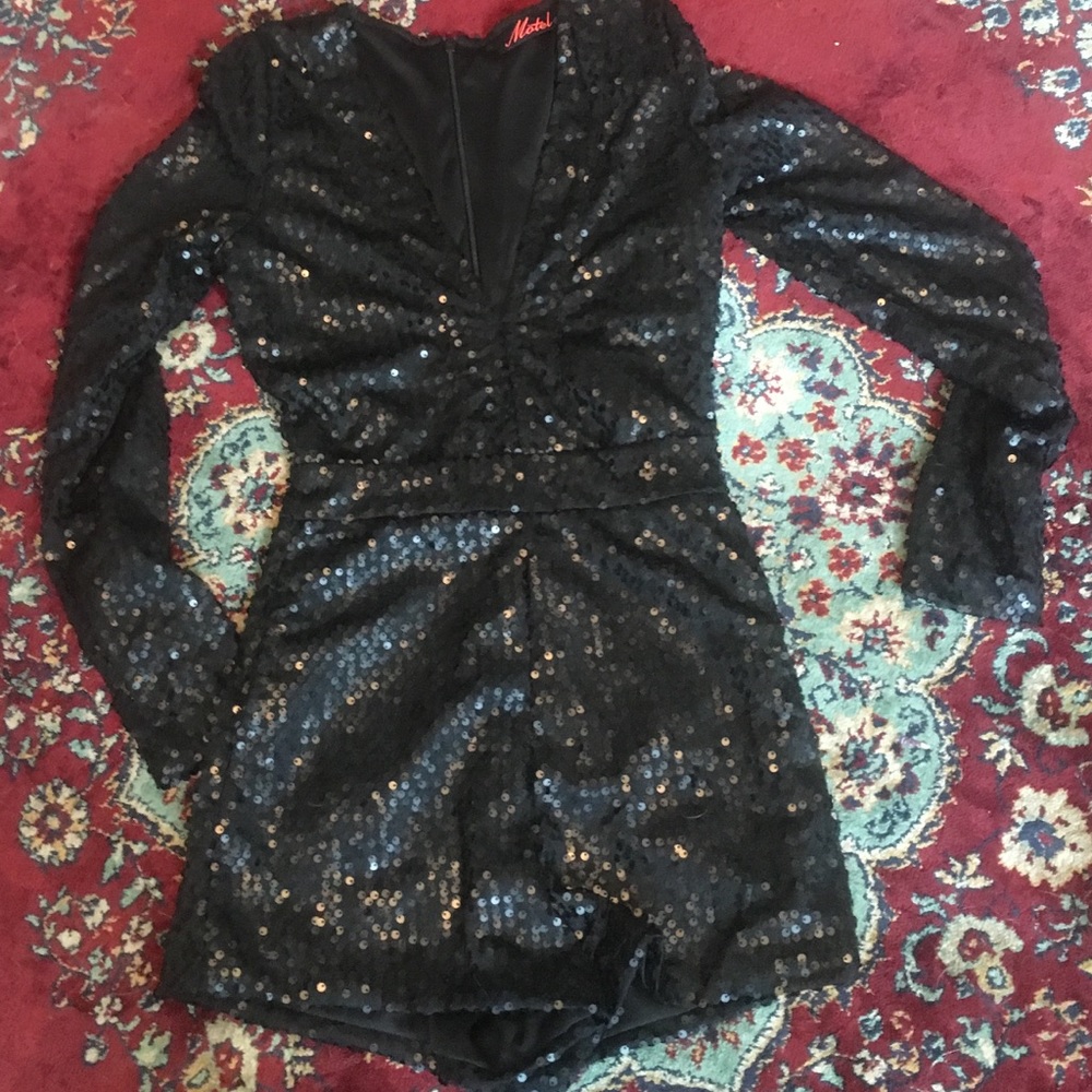 Sequin long sleeve deep v short romper