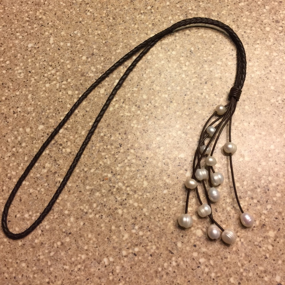 Long Leather and Pearl Necklace