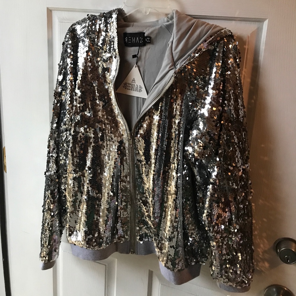 NWT - Silver Sequined Zip Up w/ Hood