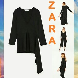 ZARA V-Neck Asymmetric Hem New Black Top