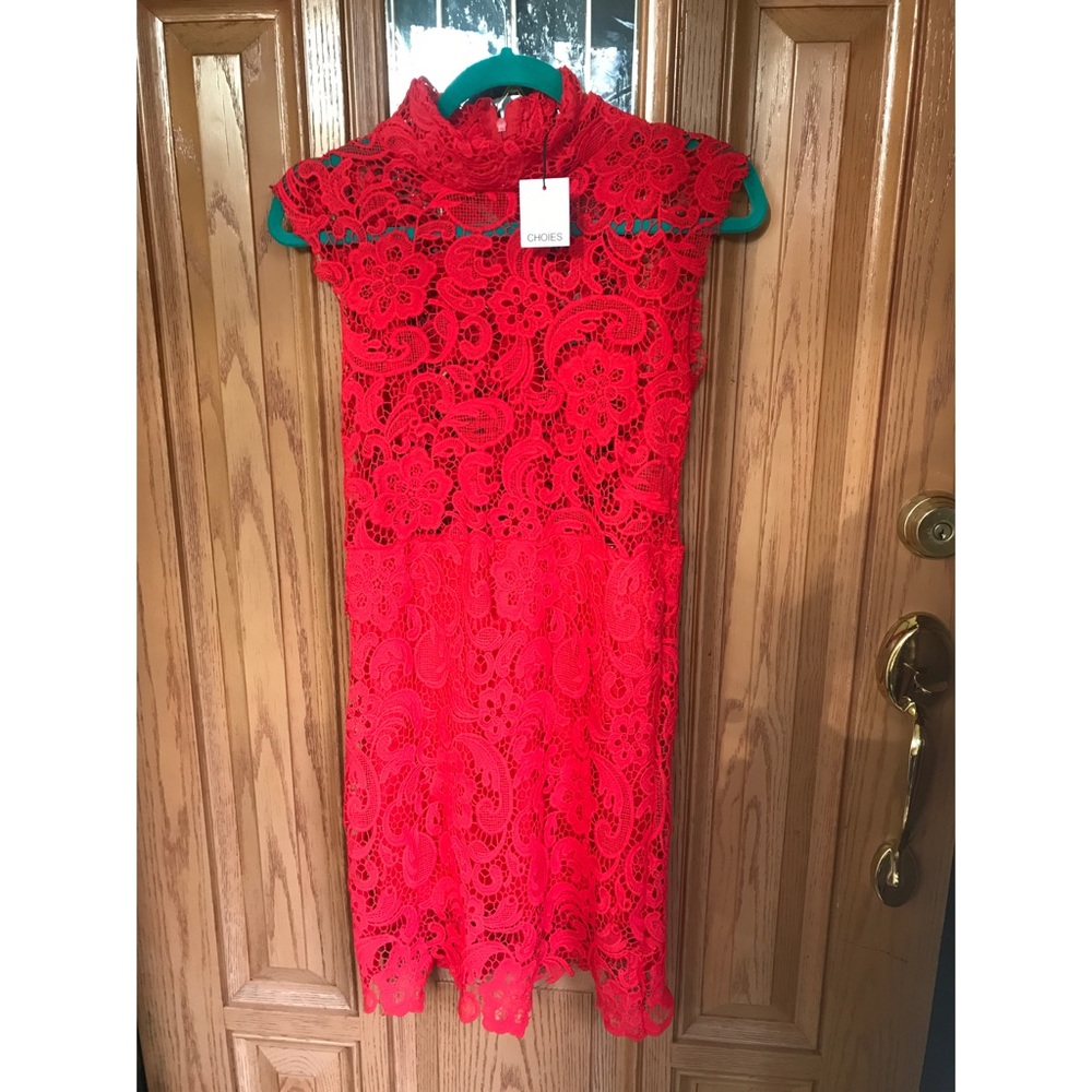 Red High Neck Crochet Lace Bodycon Dress