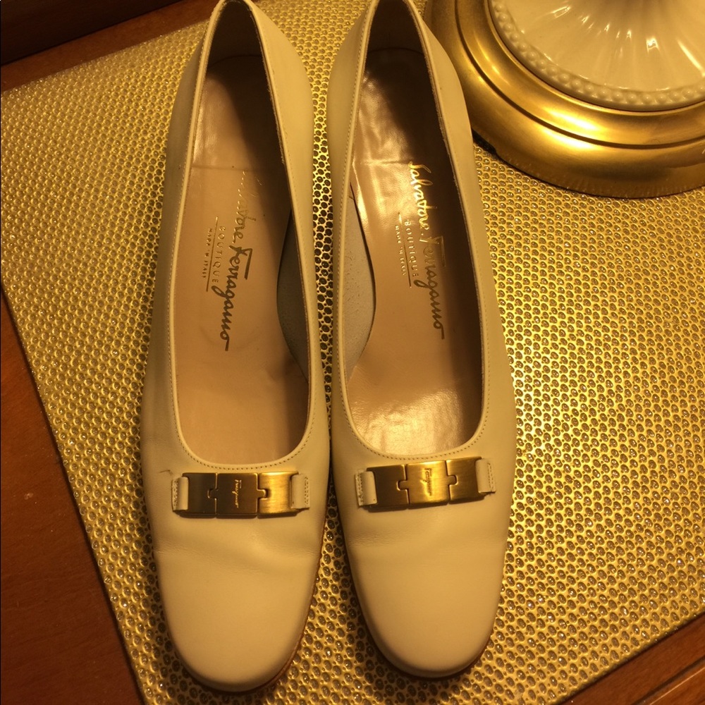 Ferragamo Cream and Gold Loafers