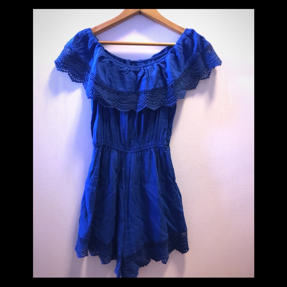 LF bright blue lace trimmed romper