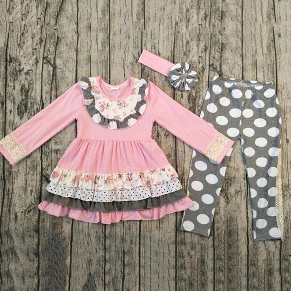 PINK & GREY LACE RUFFLE COLORFUL PRINT TWO PIECES