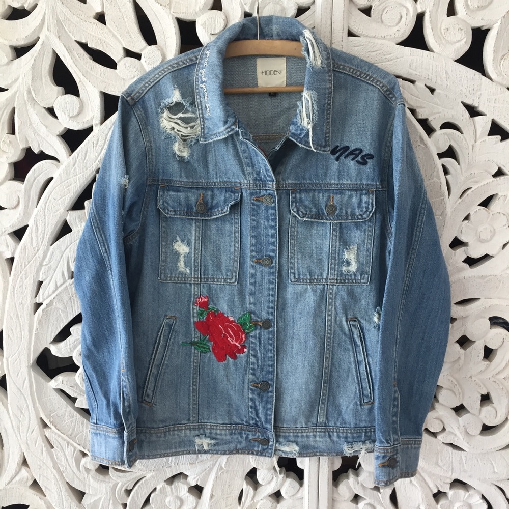 Hidden Embroidered Distressed Denim Jean Jacket