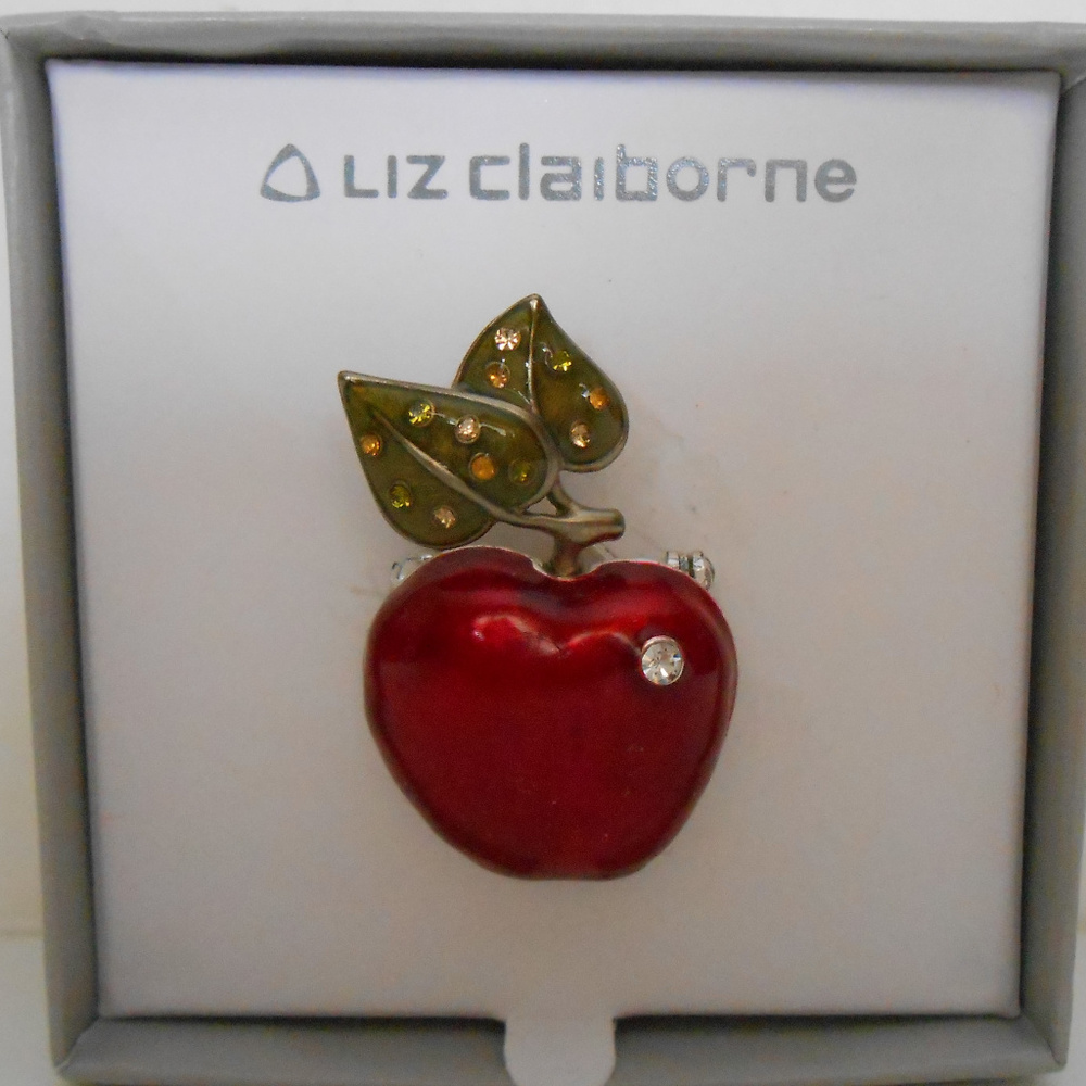 Liz Claiborne Red Apple Pin Brooch W/ Rhinestones