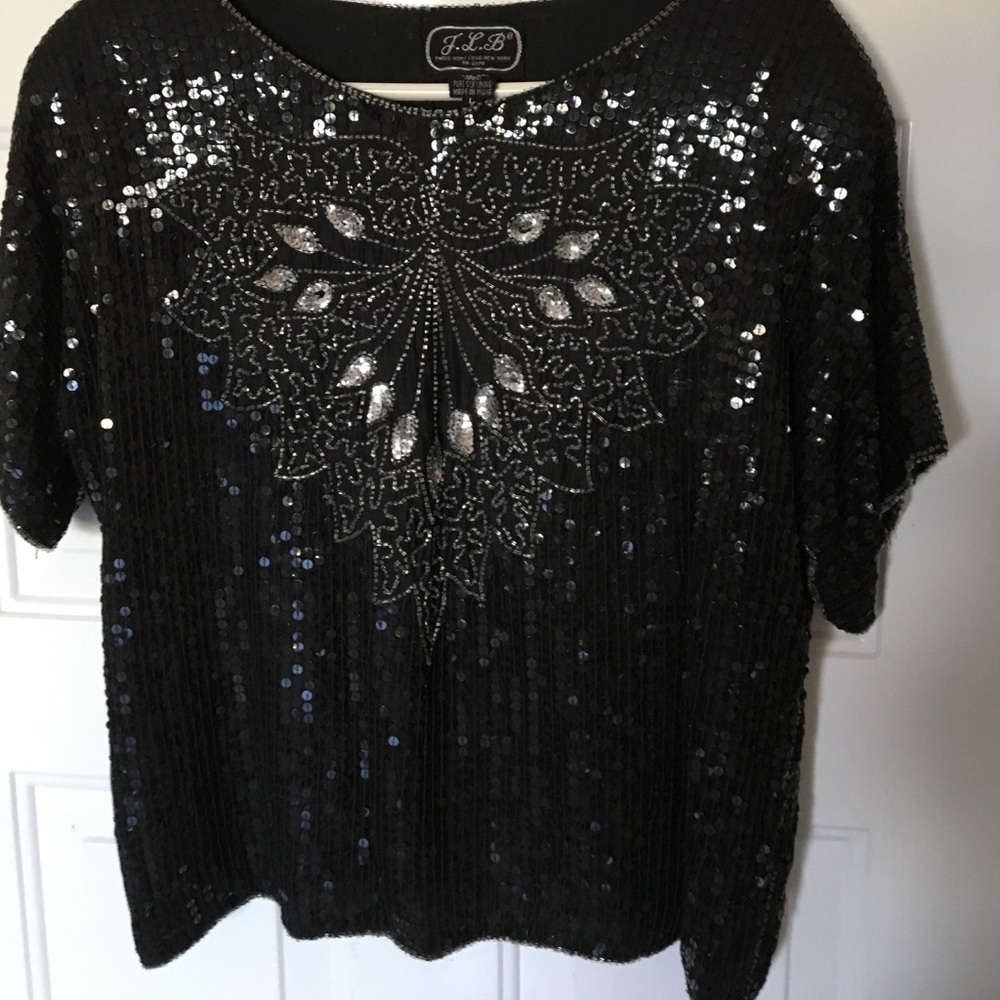 J.L.B. 100% Silk Black Sequin Beaded Top Size L