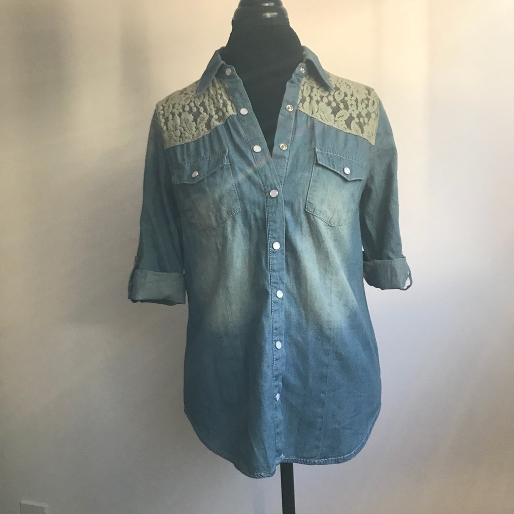 NWOT Distressed Denim/Lace Button Down