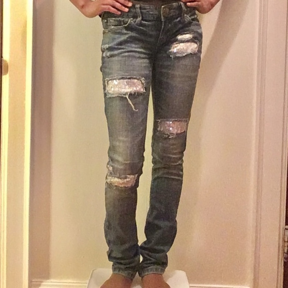 Free People Distressed Sequin Skinny Jeans Size 24