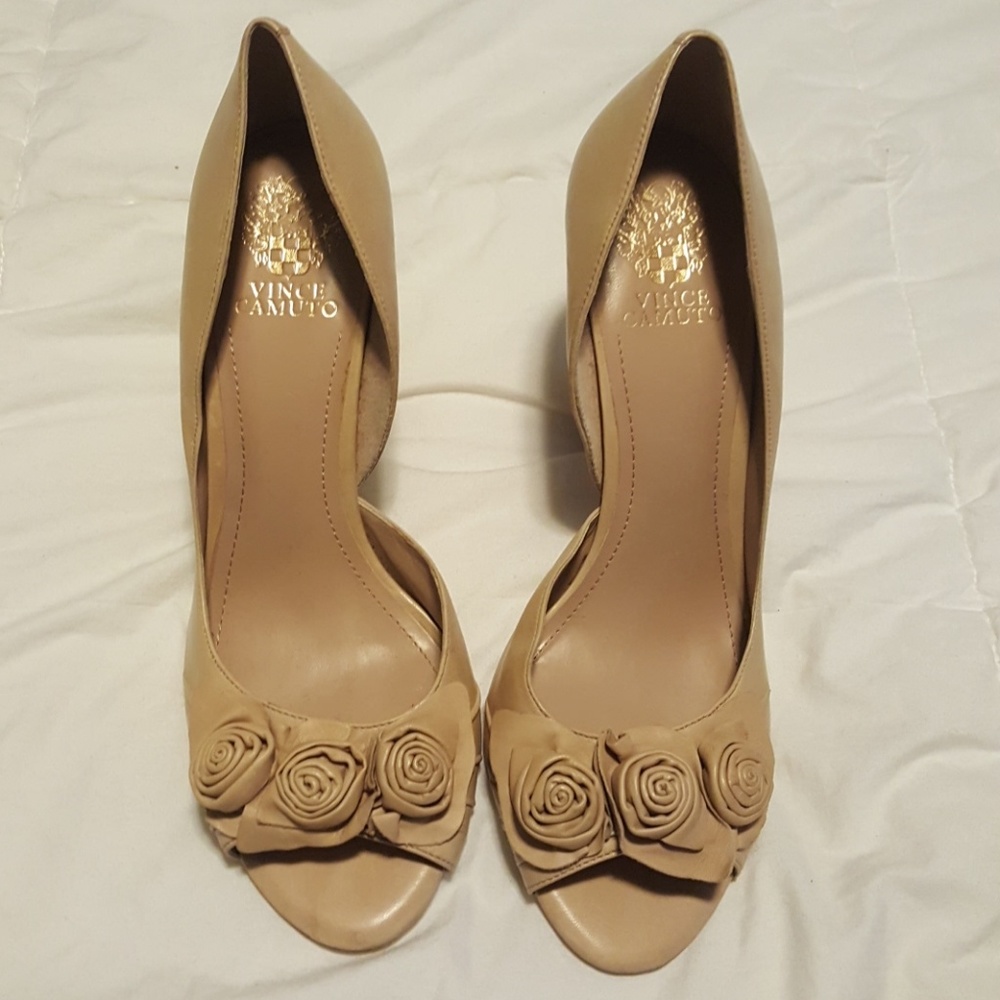 Vince Camuto Nude Rosette Open Toe Leather Heels