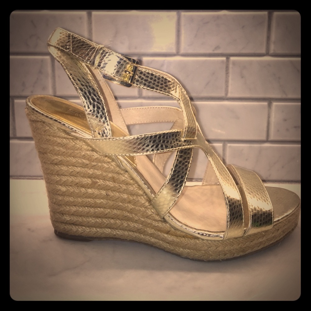 Michael Kors metallic gold strappy wedges 9.5