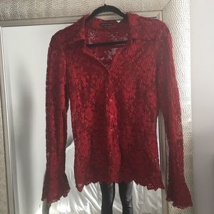 Anthropologie Red Lace Button up Top