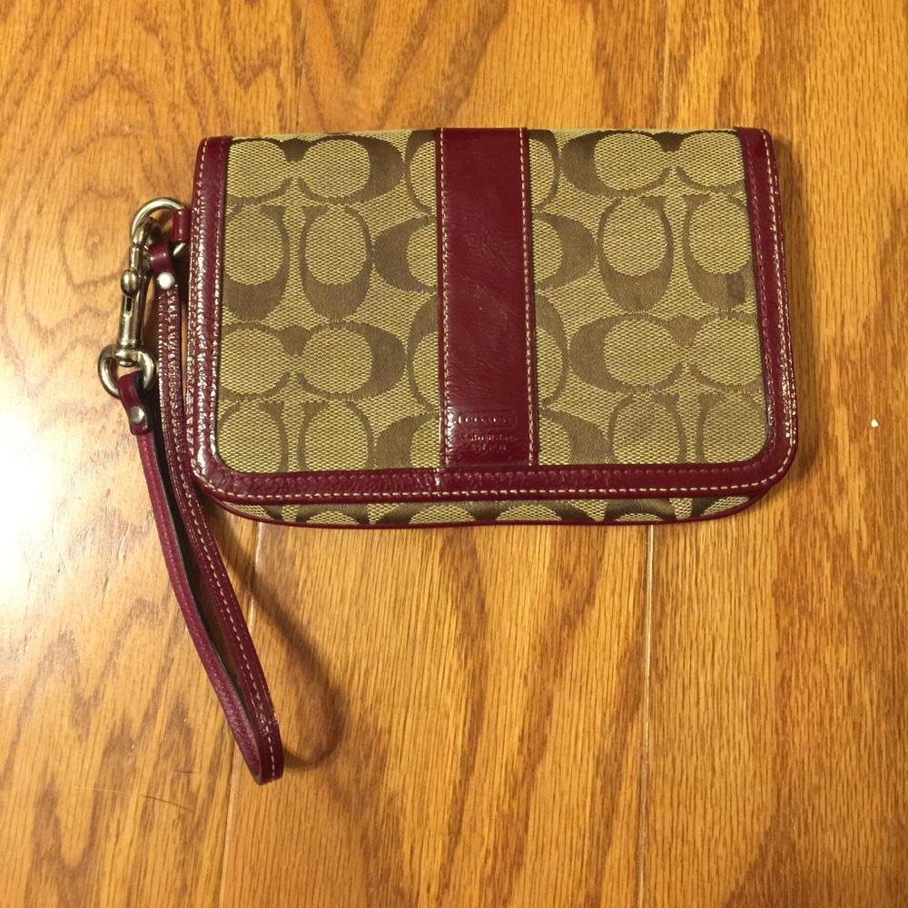 Coach tab wristlet with red patent trim