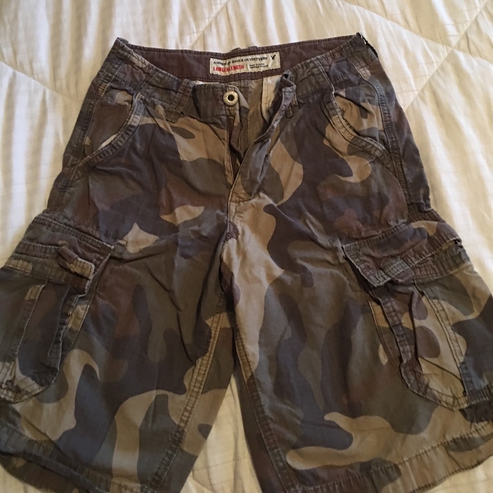 American Eagle “Longer Length” camo cargo shorts