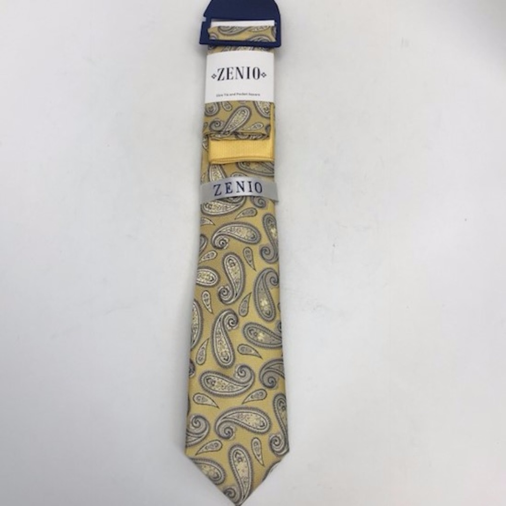 Zenio Men's Slim Tie Two Hankies Yellow Ivory