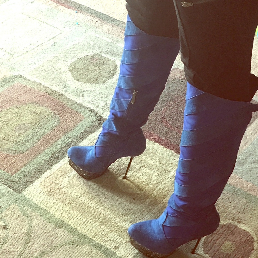 Suede Boots by Two lips. 2 tone blue 5 inch heel
