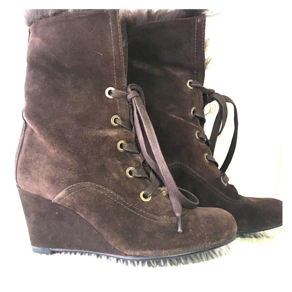 Stuart Weitzman brown fur-trim ankle boot
