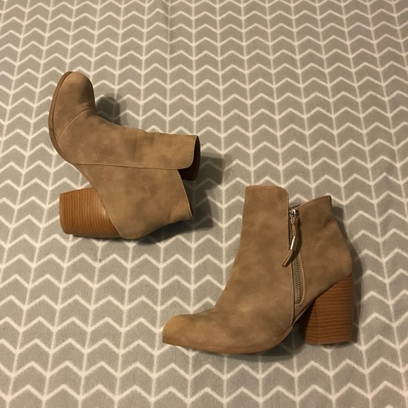 Qupid Shoes - Tan Distressed Suede Booties